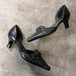 Navy Leather Pointed Toe Kitten Heels